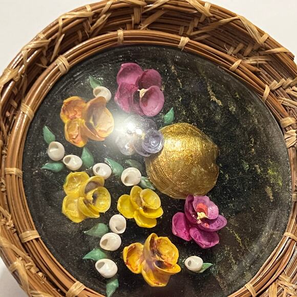 Capiz Shell Wall Decor Round Dome Glass Wicker Rattan 4.5" Boho Coastal Art - Picture 9 of 13